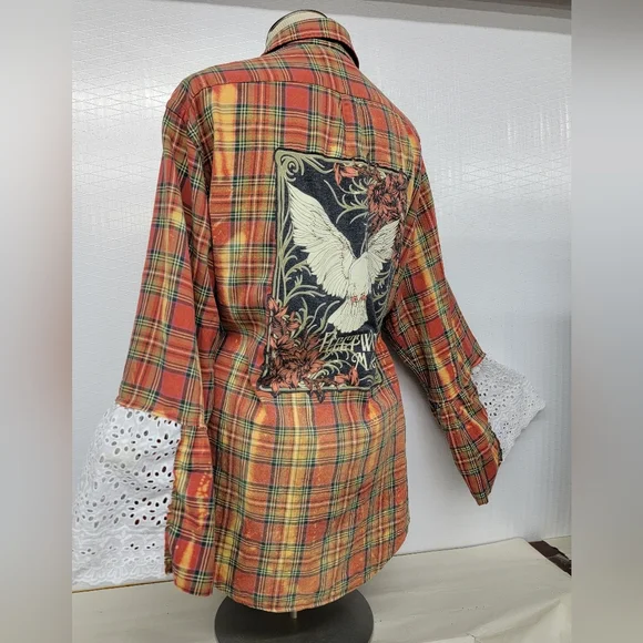 Fleetwood Mac Rock Band Flannel Shirt Jacket Shacket With Bell Sleeves Upcycled - Picture 6 of 11